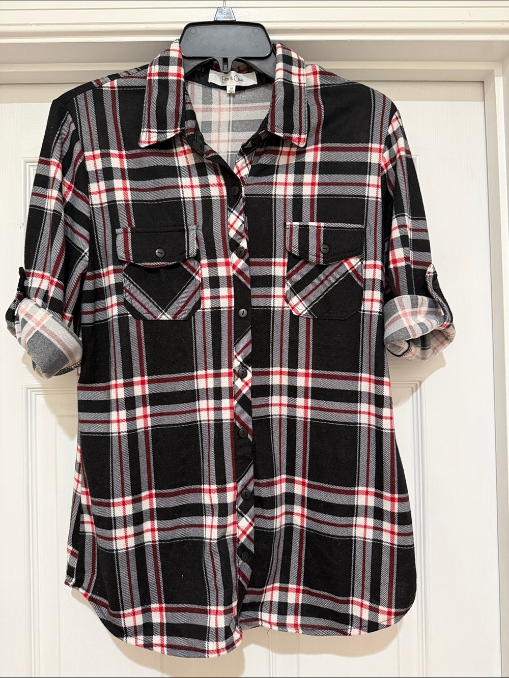Eden & Olivia Black Plaid Button-Down Shirt with Red & Gray Accents